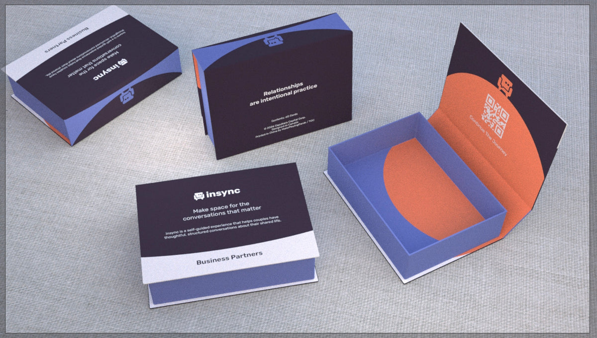 A set of branded presentation boxes and cards arranged on a light gray textured surface. The packaging is primarily dark navy blue with white sections and a prominent orange interior panel visible on one open box.