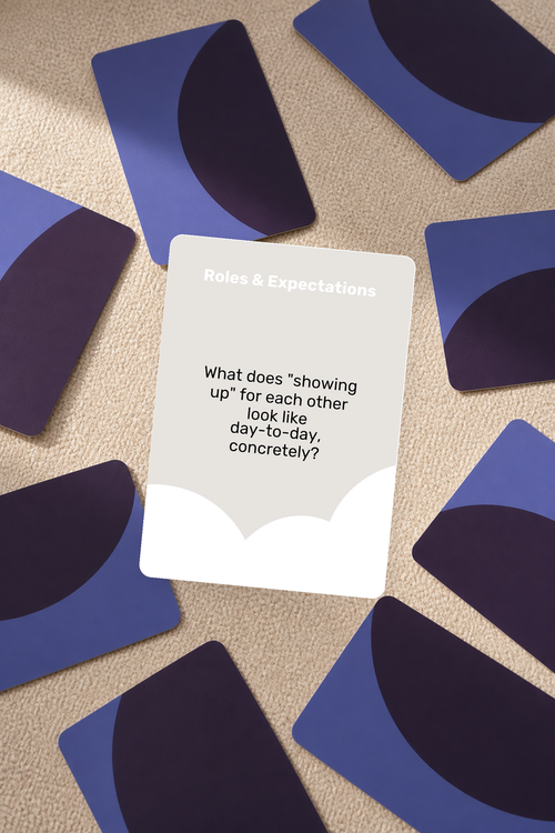 A card reading 'Roles & Expectations' and 'What does "showing up" for each other look like day-to-day, concretely?' placed on a beige textured surface, surrounded by several blue and dark purple abstract cards.