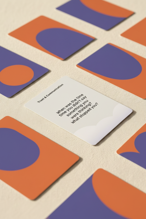a card grid sample from the foundations deck with the question "when was the last time you didnt say something you were thinking. what stopped you"