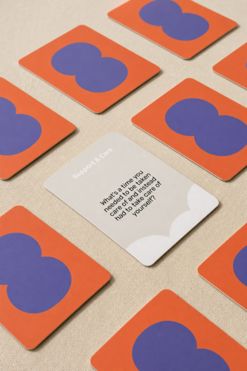 A set of square orange cards with large purple abstract shapes, arranged on a beige textured surface. One card is placed face-up in the center with printed text reading 'Support & Care' and a reflective question about self-care.