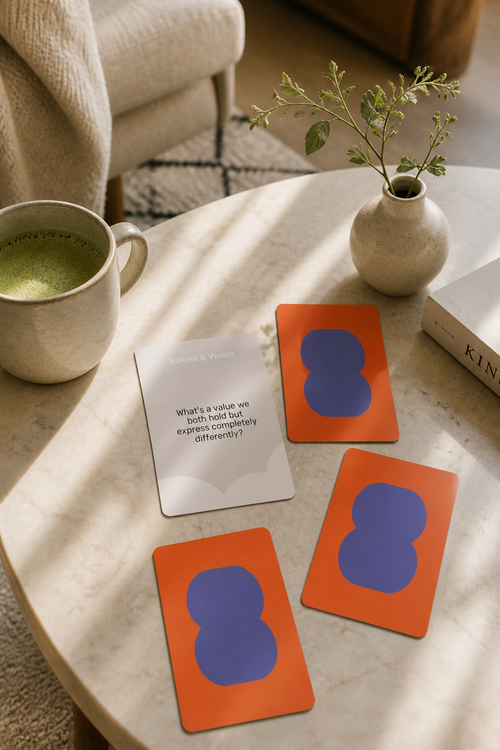 Three orange and blue cards are arranged on a marble table in a cozy, sunlit room setting next to a cup of matcha and a small vase with greenery.